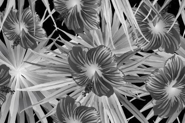 Siyah beyaz egzotik desen. Canavar ve amber çiçekleri tropik buket. Doymuş büyük çiçekli mayo izi. Yatay romantik vahşi vektör egzotik fayans. Aşırı doğal botanik tasarımı.