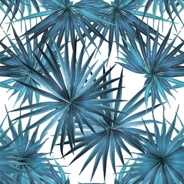 Palm Monstera Kusursuz Düzen. Mavi Beyaz Tropikal Yaz Arkaplanı. Plaj Ormanı Mayo Tasarımı Yaprakları. Lei Uyum. Retro Hawai baskısı. Tropik Tekstil dokusu. Botanik fayansları.