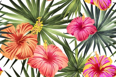 Yeşil kırmızı egzotik desen. Canavar yaprakları ve amber çiçekleri yaz baskısı. Doymuş büyük çiçekli mayo izi. Yatay romantik vahşi vektör egzotik fayans. Güzel bahar botanik tasarımı.