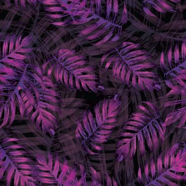 Palm Monstera Kusursuz Düzen. Siyah Pembe Tropik Yaz Arkaplanı. Plaj Ormanı Mayo Tasarımı Yaprakları. Lei Uyum. Klasik Hawai baskısı. Egzotik doku. Botanik döşemesi.