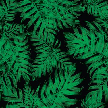 Palm Monstera Kusursuz Düzen. Siyah Yeşil Tropikal Yaz Arkaplanı. Plaj Ormanı Mayo Tasarımı Yaprakları. Lei Uyum. Klasik Hawai baskısı. Egzotik doku. Botanik döşemesi.