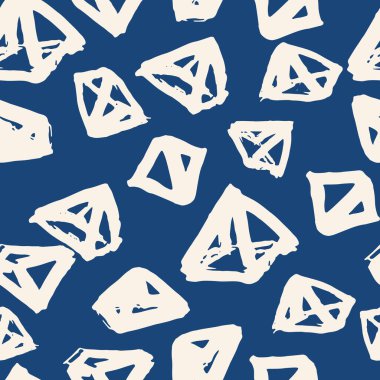 Üçgen desen. Mavi, beyaz, geometrik, dikişsiz doku. Tek renkli tasarım baskısı. Moda grafik tekrarı baskısı. Basit geometri arkaplanı. Soyut soyut doğrusal süsleme. 