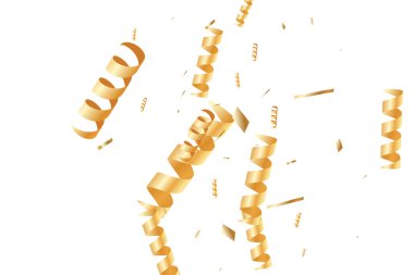  Altın konfetileri, kurdeleler. Parıldıyor. Bokeh geçmişi. Soyut altın yıldönümü davetiye şablonu. Düğün konsepti kartı. Uçan soyut parçacıklar. Patlama kutlama kartı.