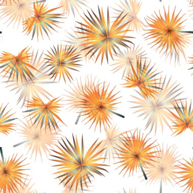 Palm Monstera Kusursuz Düzen. Turuncu Beyaz Tropikal Yaz Arkaplanı. Plaj Ormanı Mayo Tasarımı Yaprakları. Lei Uyum. Retro Hawai baskısı. Egzotik doku. Botanik fayansları.