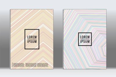 Şablonlar, planlar, posterler, broşürler, kataloglar ve el ilanları için minimalist desenli vektör grafik kapaklar. Minimalist geometri elementleri içeren pankartlar. Satırlı tasarım şablonu 
