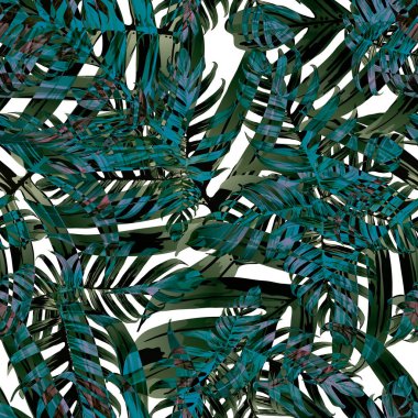 Palm Monstera Kusursuz Düzen. Beyaz Yeşil Tropikal Yaz Arkaplanı. Plaj Ormanı Mayo Tasarımı Yaprakları. Lei Uyum. Retro Hawai baskısı. Tropik Tekstil dokusu. Botanik döşemesi.