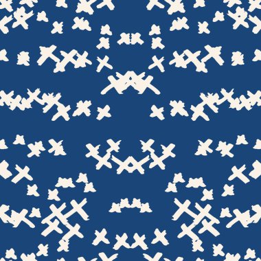 Çapraz model. İndigo geometrik dikişsiz doku. Hippi moda baskısı. Mimalistik grafik tekrar eden fayans. Elmas arka plan. Soyut soyut doğrusal süsleme. 