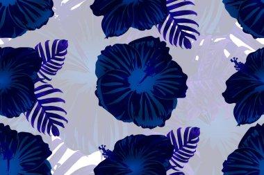 Tropikal desen. Mavi, çivit mavisi, siyah egzotik yaz çiçeği vektörü arka planı. Güzellik fasyonu canavarı, palmiye yaprakları ve amber çiçekleri. Hawaii tropik ormanı sonsuz iz. Doğal mayo tasarımı.