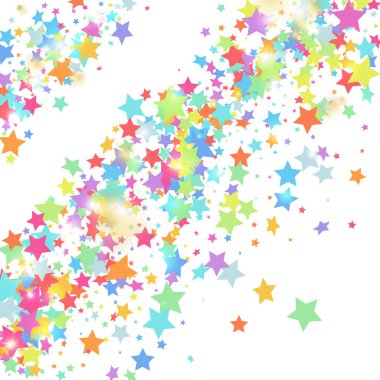 Beyaz arka planda yeşil, kırmızı, sarı, pembe yıldız konfetileri. Parlak, parlak bir duş. Tatil vektörü renkli konfeti. Doğum günü partisi arka planı. Noel kartı şablonu