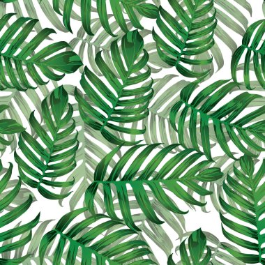 Palm Monstera Kusursuz Düzen. Beyaz Yeşil Tropikal Yaz Arkaplanı. Plaj Ormanı Mayo Tasarımı Yaprakları. Lei Uyum. Klasik Hawai baskısı. Tropik Tekstil dokusu. Botanik döşemesi.