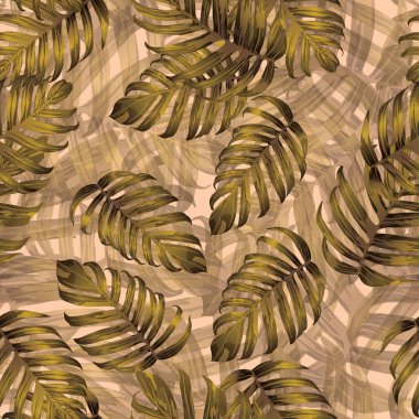 Palm Monstera Kusursuz Düzen. Sarı Tropik Yaz Arkaplanı. Plaj Ormanı Mayo Tasarımı Yaprakları. Lei Uyum. Klasik Hawai baskısı. Tropik Tekstil dokusu. Botanik fayansları.
