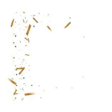  Altın konfetileri, kurdeleler. Parıldıyor. Bokeh geçmişi. Soyut altın yıldönümü davetiye şablonu. Düğün konsepti kartı. Uçan soyut parçacıklar. Patlama kutlama kartı.