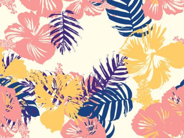 Tropikal arka plan. Yeşil, pembe, kırmızı, sarı canavar, amber çiçeği, avuç içi vektör elementleri. Hawaii egzotik kapak şablonu. Yaz botanik arka planı. Tropik çiçekli orman dokusuna sahip klasik bir iz..