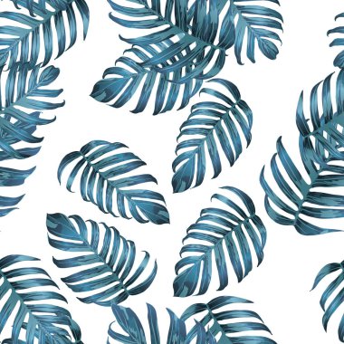 Palm Monstera Kusursuz Düzen. Mavi Beyaz Tropikal Yaz Arkaplanı. Plaj Ormanı Mayo Tasarımı Yaprakları. Lei Uyum. Klasik Hawai baskısı. Tropik Tekstil dokusu. Botanik fayansları.