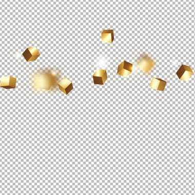 Şeffaf arkaplanda 3 boyutlu altın küplü konfeti izole edilmiş. Uçan parlak parıltı. Bokeh arızası dokusu. Soyut altın odaklı doğum günü davetiyesi şablonu. Uçan soyut parıltı.