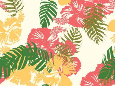 Tropikal arka plan. Yeşil, pembe, kırmızı, sarı canavar, amber çiçeği, avuç içi vektör elementleri. Hawaii egzotik kapak şablonu. Yaz botanik arka planı. Tropik çiçekli orman dokusuna sahip klasik bir iz..