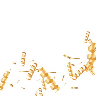 Altın kurdeleli konfeti. Uçan parlak parıltı. Bokeh dokusu. Soyut altın odaklı yıldönümü davetiye şablonu. Düğün altın çıngıraklı yılanlar. Düşen soyut ışıltı. Patlama kutlama kartı