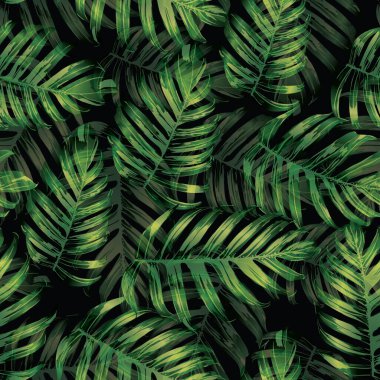 Palm Monstera Kusursuz Düzen. Yeşil Siyah Tropikal Yaz Arkaplanı. Plaj Ormanı Mayo Tasarımı Yaprakları. Lei Uyum. Retro Hawai baskısı. Egzotik doku. Botanik fayansları.