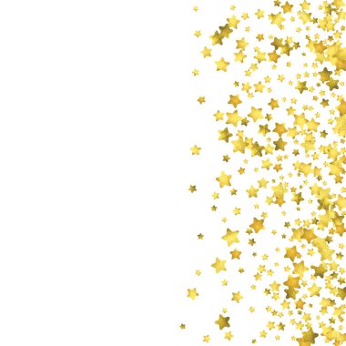 Yıldız konfetisi. Altın rengi rastgele konfeti arka planı. Parlak tasarım şablonu. Vektör beyaz ve sarı kaplama şablonu. Doğum günü veya düğün davetiyesi şablonu. Hediyeler için soyut kart. 2018 Yeni Yıl Selamlaması