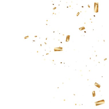 Altın kurdeleli konfeti. Uçan parlak parıltı. Bokeh dokusu. Soyut altın odaklı yıldönümü davetiye şablonu. Düğün altın kurdeleleri. Düşen soyut ışıltı. Patlama kutlama kartı