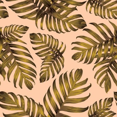 Palm Monstera Kusursuz Düzen. Sarı Tropik Yaz Arkaplanı. Plaj Ormanı Mayo Tasarımı Yaprakları. Lei Uyum. Retro Hawai baskısı. Egzotik doku. Botanik döşemesi.