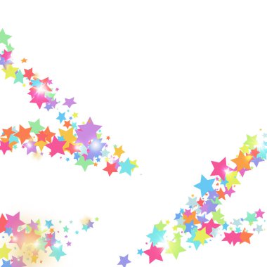 Beyaz arka planda yeşil, kırmızı, sarı, pembe yıldız konfetileri. Uçan parlak parçacıklar. Tatil vektörü renkli konfeti. Doğum günü partisi arka planı. Noel kartı şablonu