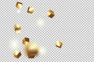 Şeffaf arkaplanda 3 boyutlu altın küplü konfeti izole edilmiş. Uçan parlak parıltı. Bokeh arızası dokusu. Soyut altın odaklı doğum günü davetiyesi şablonu. Uçan soyut parıltı.