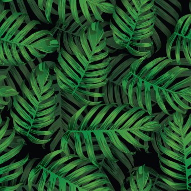 Palm Monstera Kusursuz Düzen. Siyah Yeşil Tropikal Yaz Arkaplanı. Plaj Ormanı Mayo Tasarımı Yaprakları. Lei Uyum. Retro Hawai baskısı. Tropik Tekstil dokusu. Botanik fayansları.