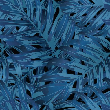 Palm Monstera Kusursuz Düzen. Indigo Tropik Yaz Arkaplanı. Plaj Ormanı Mayo Tasarımı Yaprakları. Lei Uyum. Retro Hawai baskısı. Egzotik doku. Botanik döşemesi.