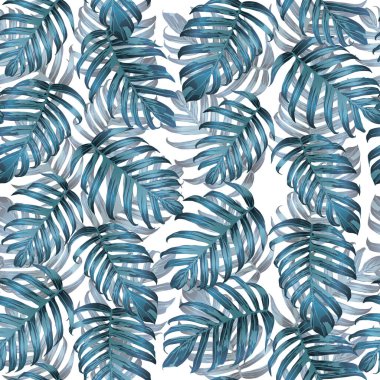 Palm Monstera Kusursuz Düzen. Mavi Beyaz Tropikal Yaz Arkaplanı. Plaj Ormanı Mayo Tasarımı Yaprakları. Lei Uyum. Retro Hawai baskısı. Tropik Tekstil dokusu. Botanik döşemesi.