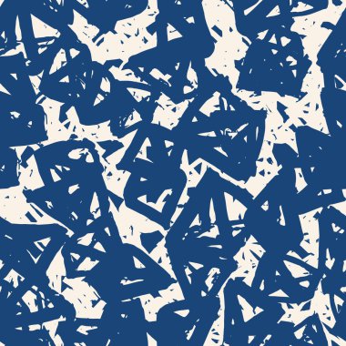 Üçgen desen. İndigo geometrik dikişsiz doku. Tek renkli vektör tasarımı baskısı. Japonca grafik tekrar eden fayans. Suluboya geometri arka planı. Soyut soyut doğrusal süsleme