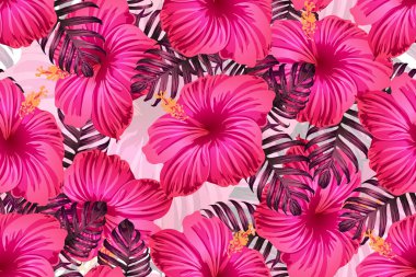 Tropikal desen. Kırmızı pembe egzotik yaz çiçeği vektör arkaplanı. Güzellik fasyonu canavarı, palmiye yaprakları ve amber çiçekleri. Hawaii tropik ormanı sonsuz iz. Doğal mayo tasarımı.