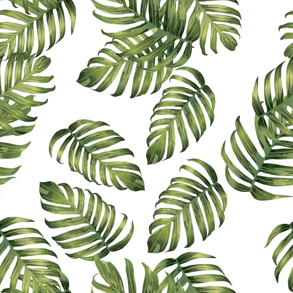 Palm Monstera Exotic Seamless Pattern 의줄임 말입니다 녹색의 백색의 Beach — 스톡 벡터