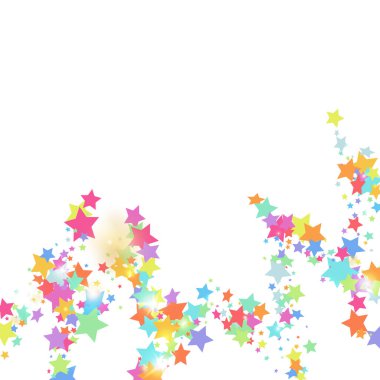 Beyaz arka planda yeşil, kırmızı, sarı, pembe yıldız konfetileri. Parlak, parlak bir duş. Soyut vektör renkli konfeti. Doğum günü partisi arka planı. Noel kartı şablonu