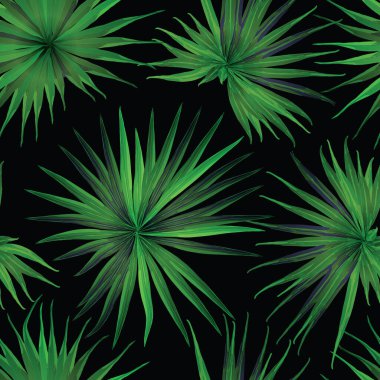 Palm Monstera Kusursuz Düzen. Siyah Yeşil Tropikal Yaz Arkaplanı. Plaj Ormanı Mayo Tasarımı Yaprakları. Lei Uyum. Retro Hawai baskısı. Tropik Tekstil dokusu. Botanik fayansları.