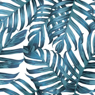 Palm Monstera Kusursuz Düzen. Indigo Tropik Yaz Arkaplanı. Plaj Ormanı Mayo Tasarımı Yaprakları. Lei Uyum. Retro Hawai baskısı. Tropik Tekstil dokusu. Botanik döşemesi.