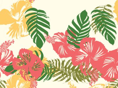 Tropikal arka plan. Yeşil, pembe, kırmızı, sarı canavar, amber çiçeği, avuç içi vektör elementleri. Hawaii egzotik kapak şablonu. Yaz botanik arka planı. Tropik çiçekli orman dokusuna sahip klasik bir iz..