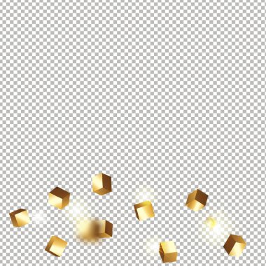 Şeffaf arkaplanda 3 boyutlu altın küplü konfeti izole edilmiş. Uçan parlak parıltı. Bokeh arızası dokusu. Soyut altın odaklı doğum günü davetiyesi şablonu. Uçan soyut parıltı.