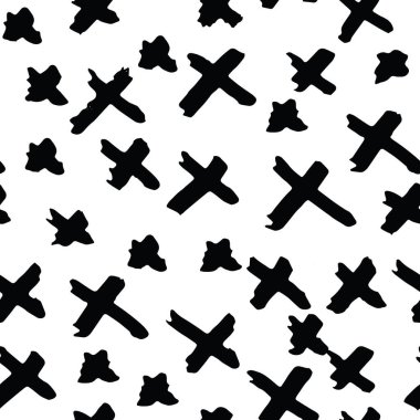 Çapraz model. Siyah, beyaz, geometrik, pürüzsüz doku. Tek renkli vektör tasarımı baskısı. Mimalistik grafik tekrar eden fayans. Mürekkeple çizilmiş geometri arka planı. Modern soyut doğrusal süs. 