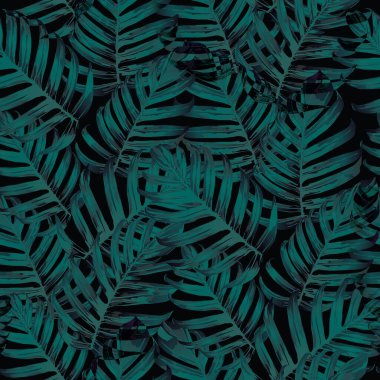 Palm Monstera Kusursuz Düzen. Siyah Yeşil Tropikal Yaz Arkaplanı. Plaj Ormanı Mayo Tasarımı Yaprakları. Lei Uyum. Retro Hawai baskısı. Tropik Tekstil dokusu. Botanik fayansları.