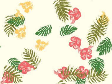 Tropikal arka plan. Yeşil, pembe, kırmızı, sarı canavar, amber çiçeği, avuç içi vektör elementleri. Hawaii egzotik kapak şablonu. Yaz botanik arka planı. Tropik çiçekli orman dokusuna sahip klasik bir iz..