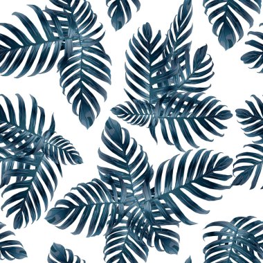 Palm Monstera Kusursuz Düzen. Indigo Tropik Yaz Arkaplanı. Plaj Ormanı Mayo Tasarımı Yaprakları. Lei Uyum. Klasik Hawai baskısı. Tropik Tekstil dokusu. Botanik döşemesi.