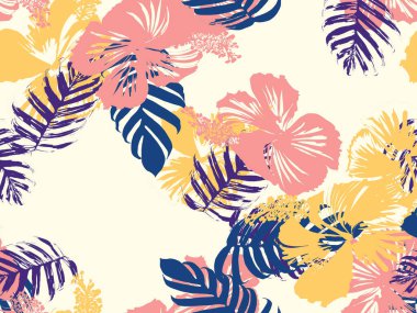 Tropikal arka plan. Yeşil, pembe, kırmızı, sarı canavar, amber çiçeği, avuç içi vektör elementleri. Hawaii egzotik kapak şablonu. Yaz botanik arka planı. Tropik çiçekli orman dokusuna sahip klasik bir iz..