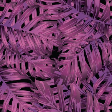 Palm Monstera Kusursuz Düzen. Siyah Pembe Tropik Yaz Arkaplanı. Plaj Ormanı Mayo Tasarımı Yaprakları. Lei Uyum. Klasik Hawai baskısı. Egzotik doku. Botanik döşemesi.