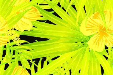 Sarı egzotik desen. Canavar ve amber çiçekleri tropik buket. Hawaii tişörtü ve mayo fayansı. Yatay Kaliforniya doğal doku tasarımı. Güzel bahar botanik tasarımı.