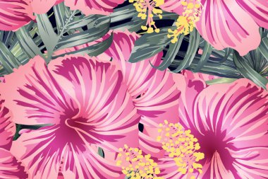 Yeşil kırmızı egzotik desen. Canavar ve amber çiçekleri tropik buket. Hawaii tişörtü ve mayo fayansı. Yatay Kaliforniya doğal doku tasarımı. Aşırı doğal botanik tasarımı.