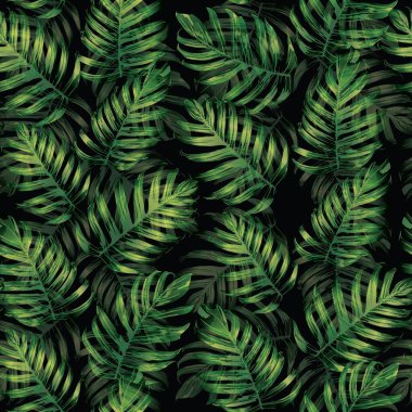 Palm Monstera Kusursuz Düzen. Yeşil Siyah Tropikal Yaz Arkaplanı. Plaj Ormanı Mayo Tasarımı Yaprakları. Lei Uyum. Klasik Hawai baskısı. Tropik Tekstil dokusu. Botanik fayansları.