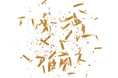  Altın konfetileri, kurdeleler. Parıldıyor. Bokeh geçmişi. Soyut altın yıldönümü davetiye şablonu. Düğün konsepti kartı. Uçan soyut parçacıklar. Patlama kutlama kartı.