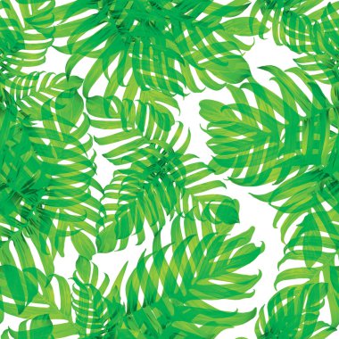 Palm Monstera Kusursuz Düzen. Beyaz Yeşil Tropikal Yaz Arkaplanı. Plaj Ormanı Mayo Tasarımı Yaprakları. Lei Uyum. Retro Hawai baskısı. Tropik Tekstil dokusu. Botanik döşemesi.