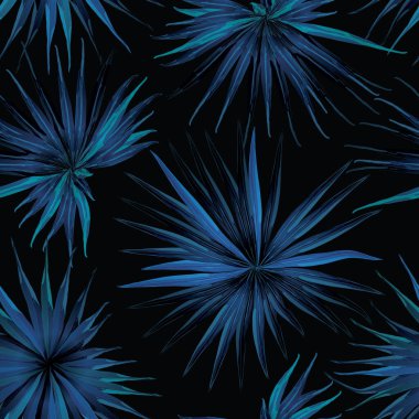 Palm Monstera Kusursuz Düzen. Mavi Siyah Tropikal Yaz Arkaplanı. Plaj Ormanı Mayo Tasarımı Yaprakları. Lei Uyum. Klasik Hawai baskısı. Tropik Tekstil dokusu. Botanik döşemesi.